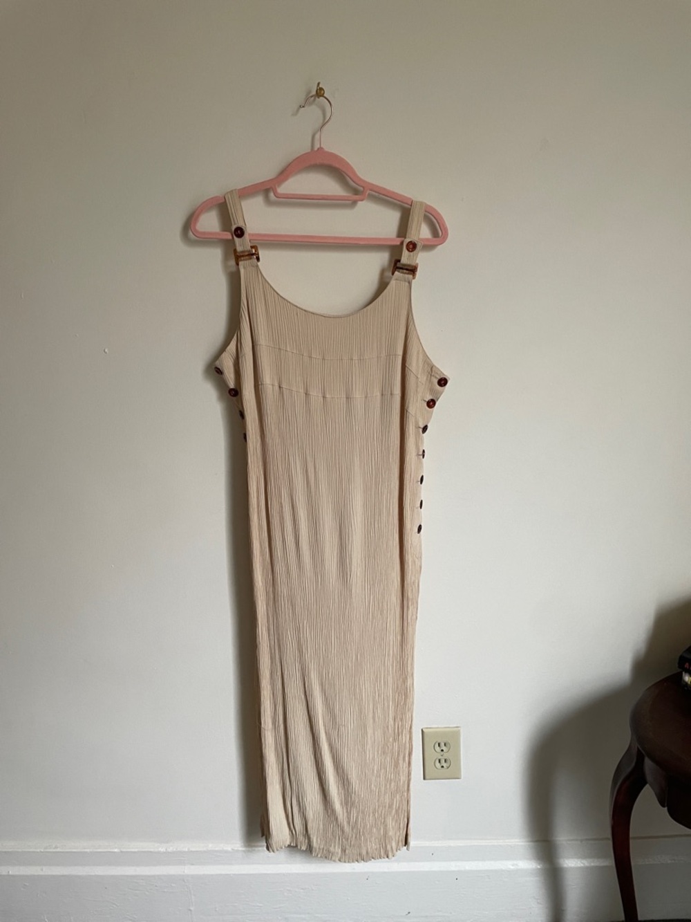 Beige Button-Side Midi Dress with Adjustable Straps vintage